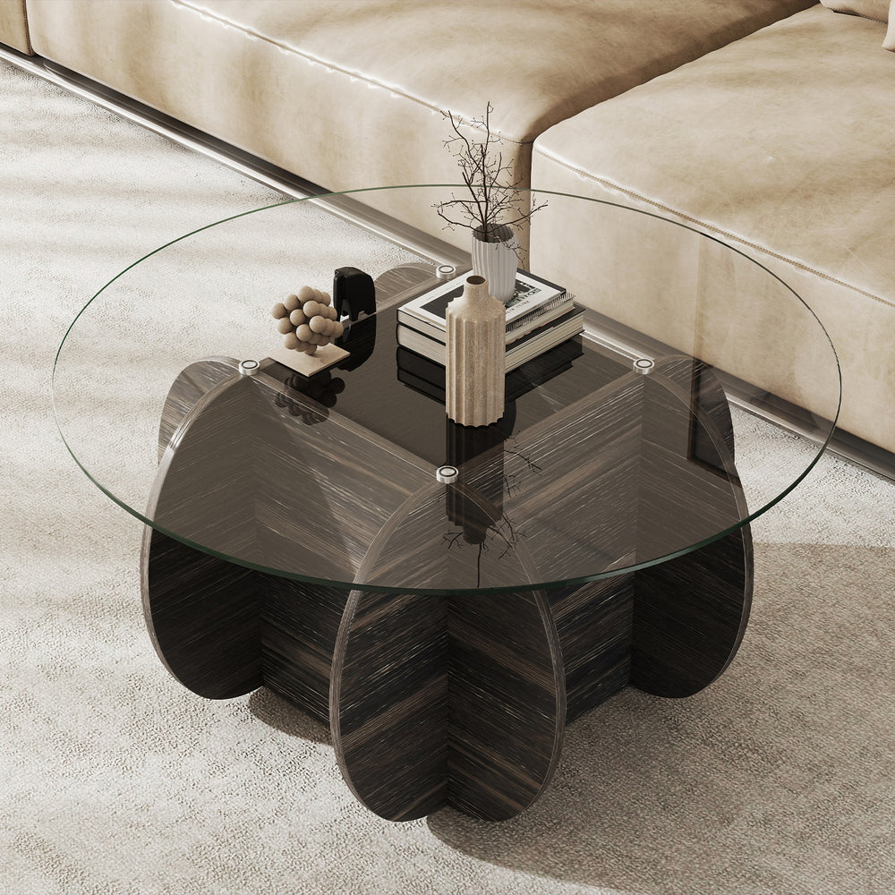Round coffee table featuring a tempered glass top and solid rubber wood base, ideal for stylish living room decor.