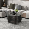 Round coffee table with tempered glass top and solid rubber wood base, featuring a tic-tac-toe patterned frame for.