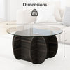 Top view of a 35" round coffee table with a sleek tempered glass top and unique tic-tac-toe patterned solid wood base.