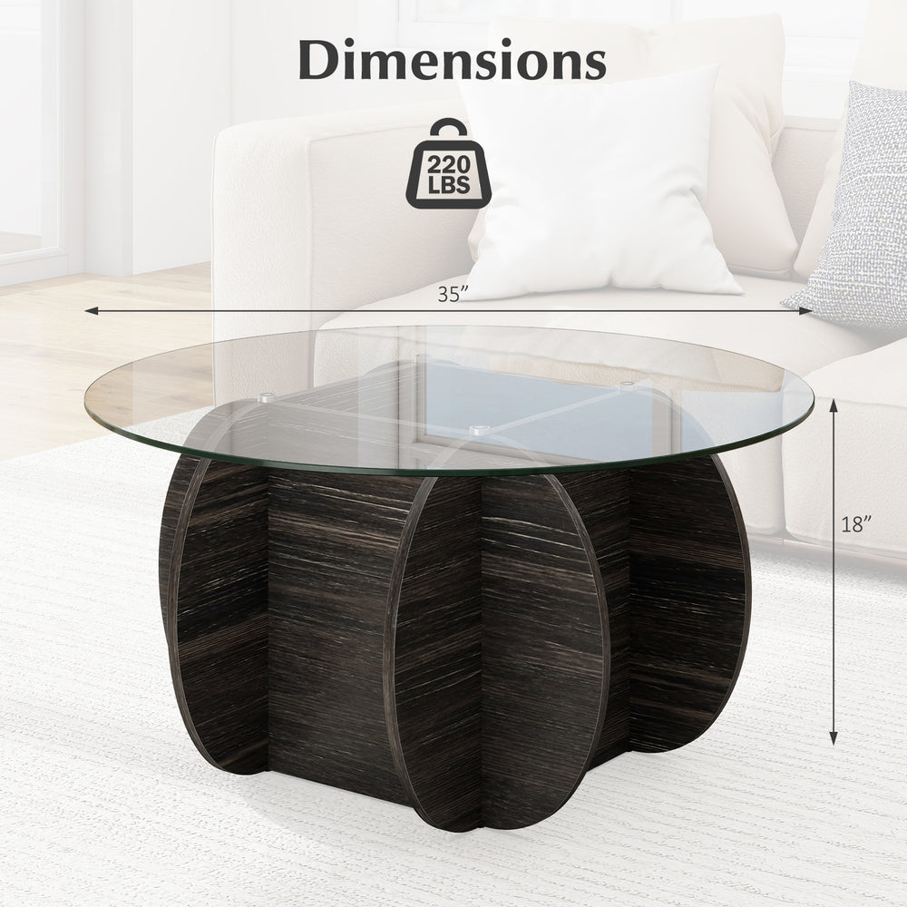 Top view of a 35" round coffee table with a sleek tempered glass top and unique tic-tac-toe patterned solid wood base.