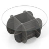 Round coffee table with tempered glass top and solid rubber wood base, featuring a tic-tac-toe patterned frame.
