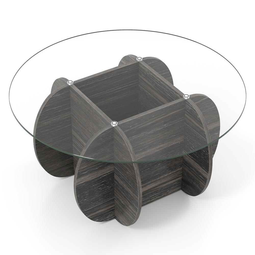Round coffee table with tempered glass top and solid rubber wood base, featuring a tic-tac-toe patterned frame.