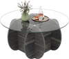 Unique circle coffee table featuring a solid rubber wood base and tempered glass top, perfect for stylish decor and.