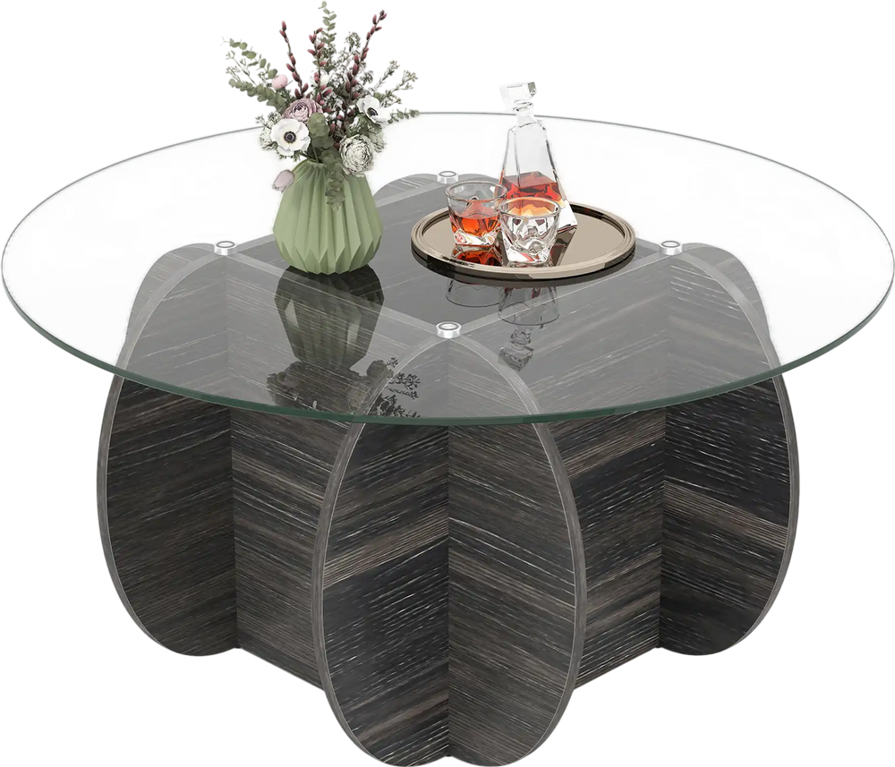 Unique circle coffee table featuring a solid rubber wood base and tempered glass top, perfect for stylish decor and.