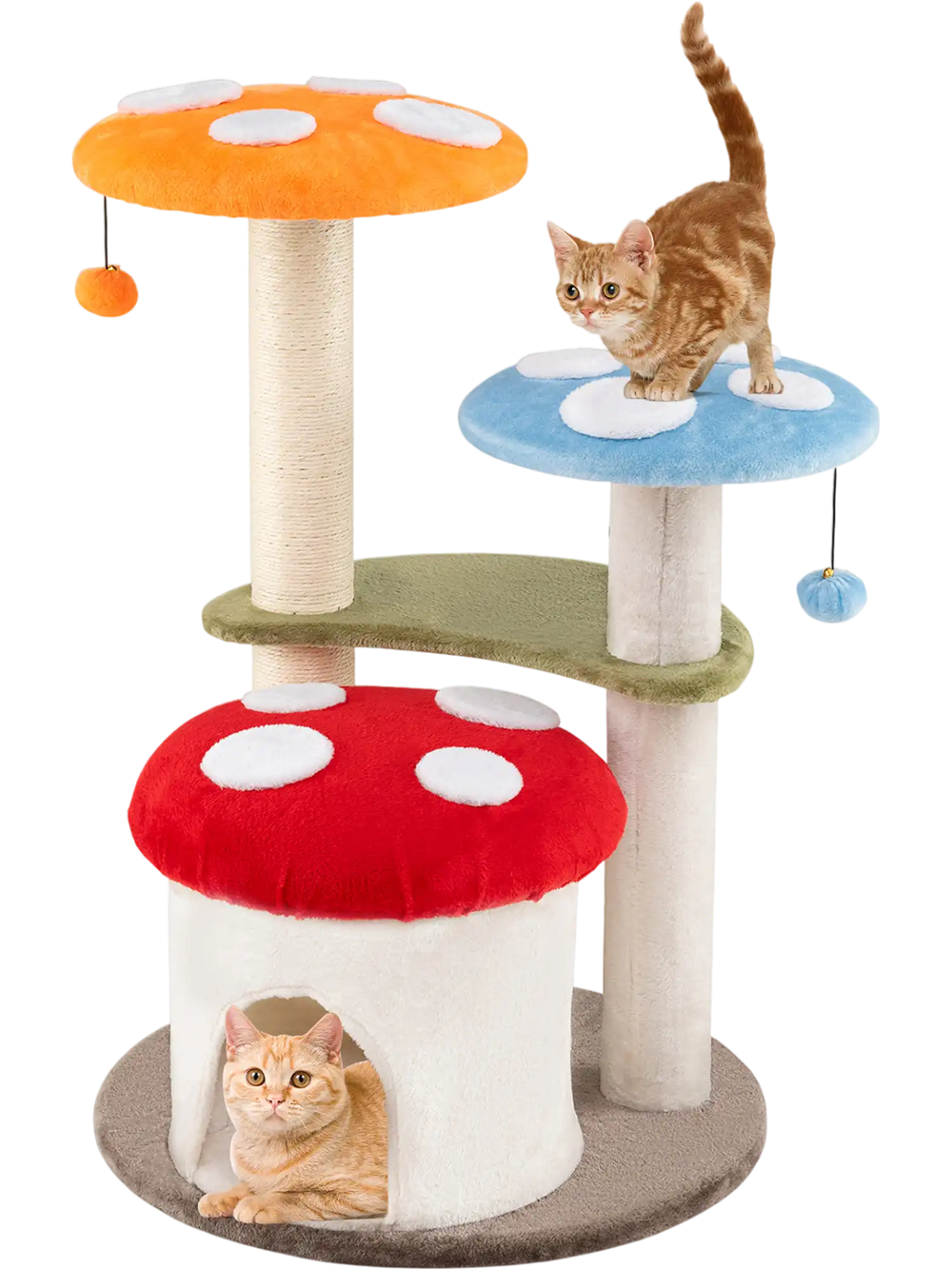 Colorful 35-inch tall cat tower with padded platforms, sisal scratching posts, and playful mushroom design for.