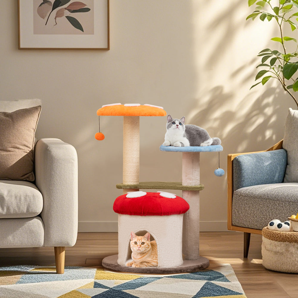 Colorful 35-inch cat tower with padded platforms, sisal scratching posts, and cozy condo for playful lounging.