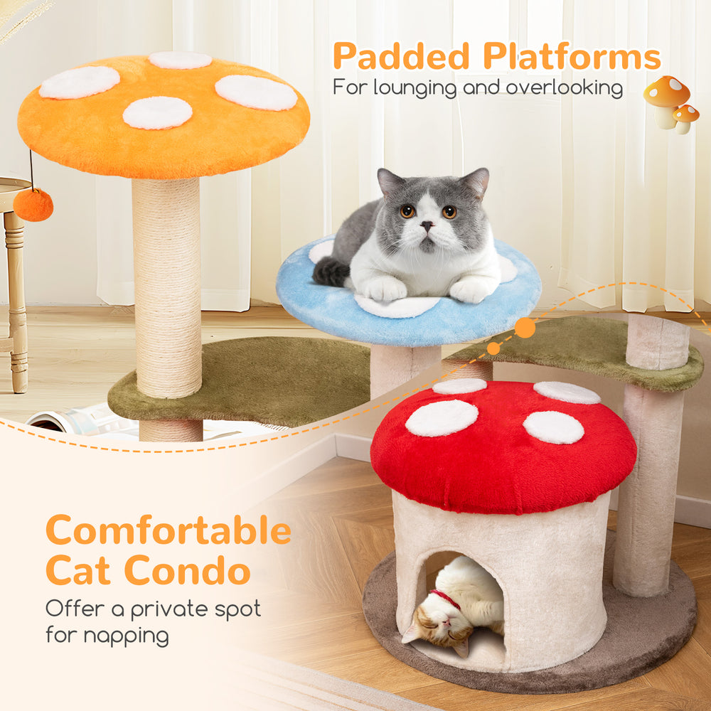 Multicolor cat tower featuring padded mushroom platforms and sisal scratching posts, perfect for lounging and napping.