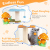 Plush cat tower with multicolor mushroom design, featuring sisal scratching posts and dangling balls for playful.