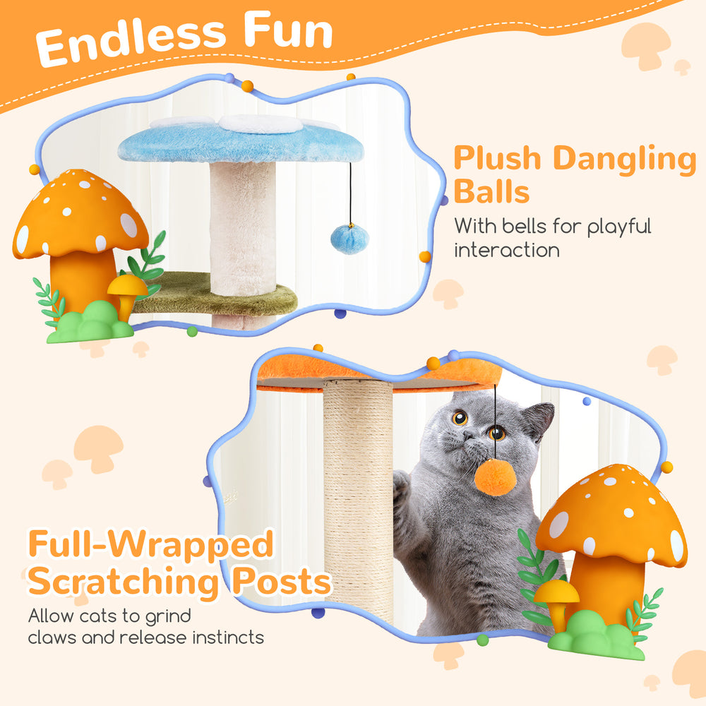 Plush cat tower with multicolor mushroom design, featuring sisal scratching posts and dangling balls for playful.