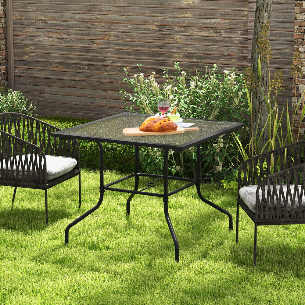 35 x 35 inch patio dining table with tempered glass top and umbrella hole, perfect for outdoor meals and gatherings.