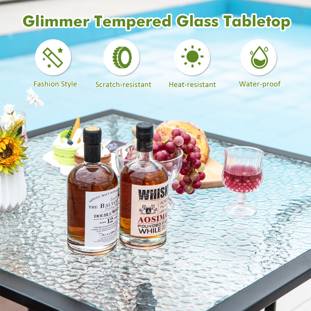 35 x 35 inch patio dining table with tempered glass top, umbrella hole, and rustproof metal frame for outdoor dining.