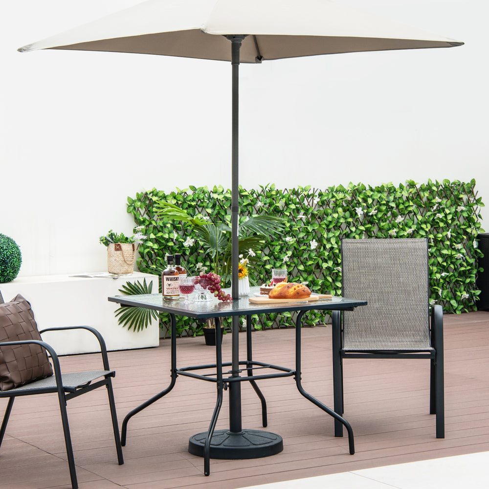 Patio dining table featuring a spacious tempered glass top, 1.5-inch umbrella hole, and sturdy rustproof metal frame.