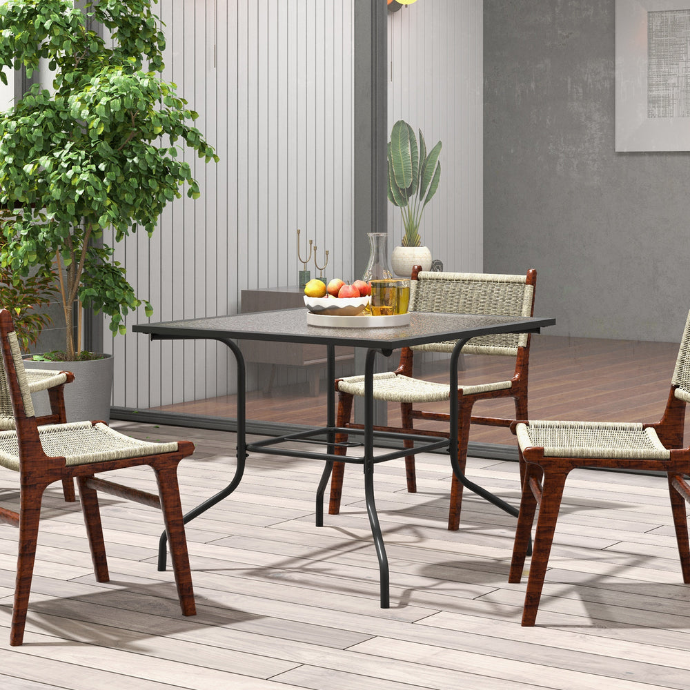 Patio dining table with a tempered glass top, 1.5-inch umbrella hole, and rustproof metal frame for outdoor use.
