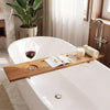 Wood bath tray featuring a water-resistant teak oil finish, designed with rounded corners and adjustable legs for stability.
