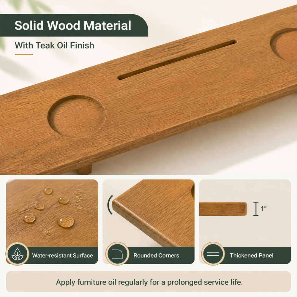 Wood bath tray measuring 35 x 8 inches with teak oil finish, featuring cup holders and adjustable legs for tubs.