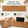 Wood bath tray measuring 35 x 8 inches with adjustable legs, two cup holders, and a tablet holder for enhanced relaxation.