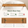 Wood bath tray measuring 35 x 8 inches with adjustable legs, cup holders, and tablet holder for enhanced relaxation.