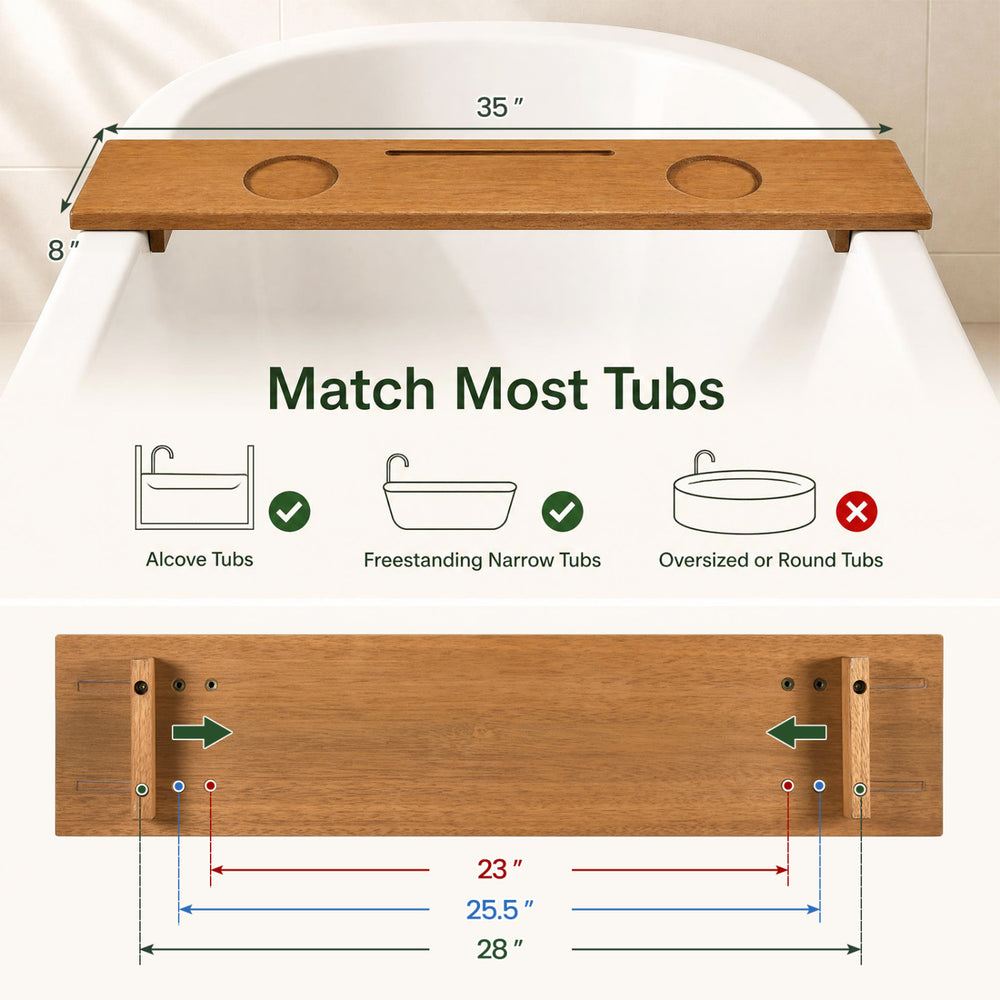 Wood bath tray measuring 35 x 8 inches with adjustable legs, cup holders, and tablet holder for enhanced relaxation.