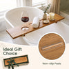 Wood bath tray measuring 35 x 8 inches with adjustable legs, cup holders, and non-slip pads for a secure fit.