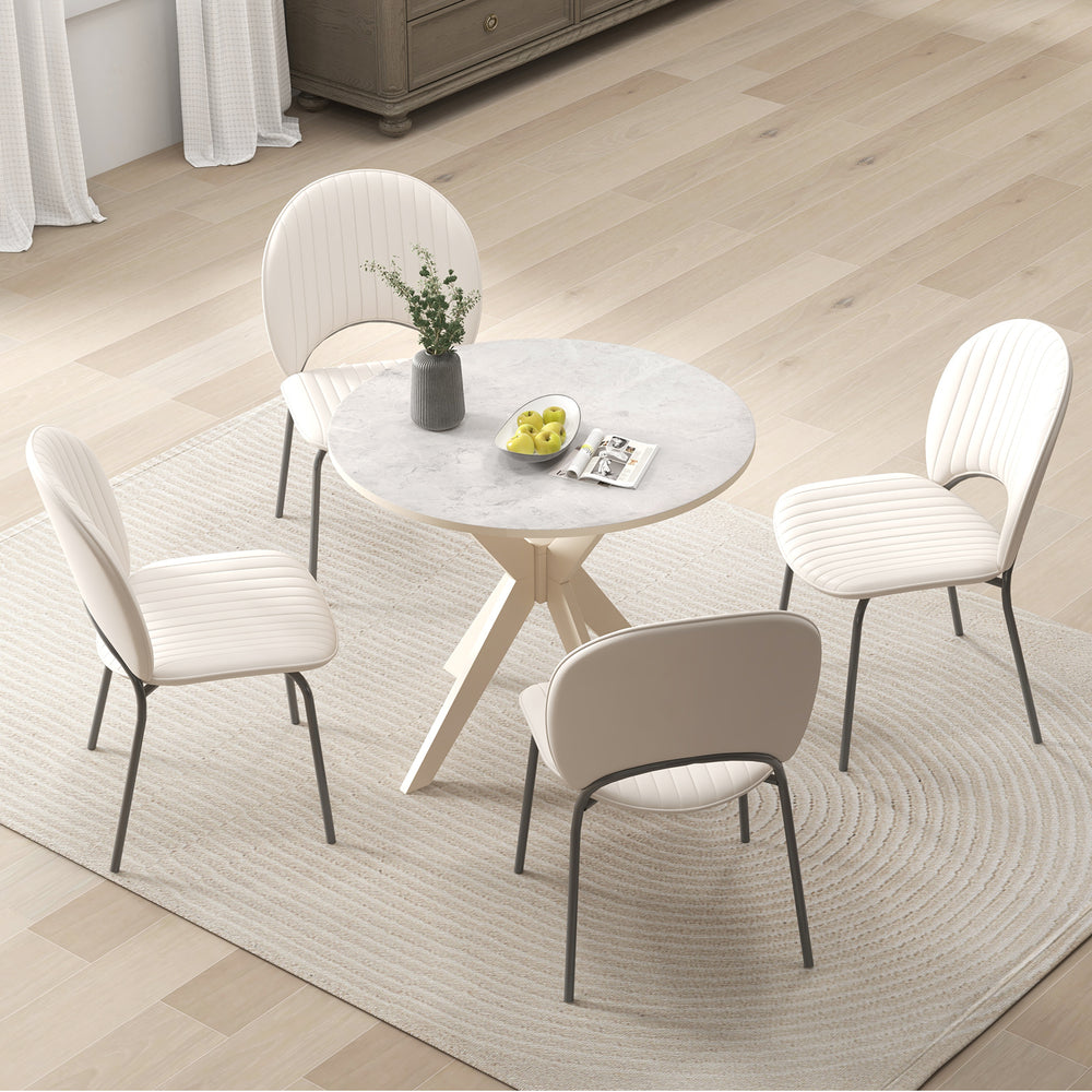 Round 36-inch kitchen table with faux marble top and solid rubber wood legs, perfect for dining or leisure.