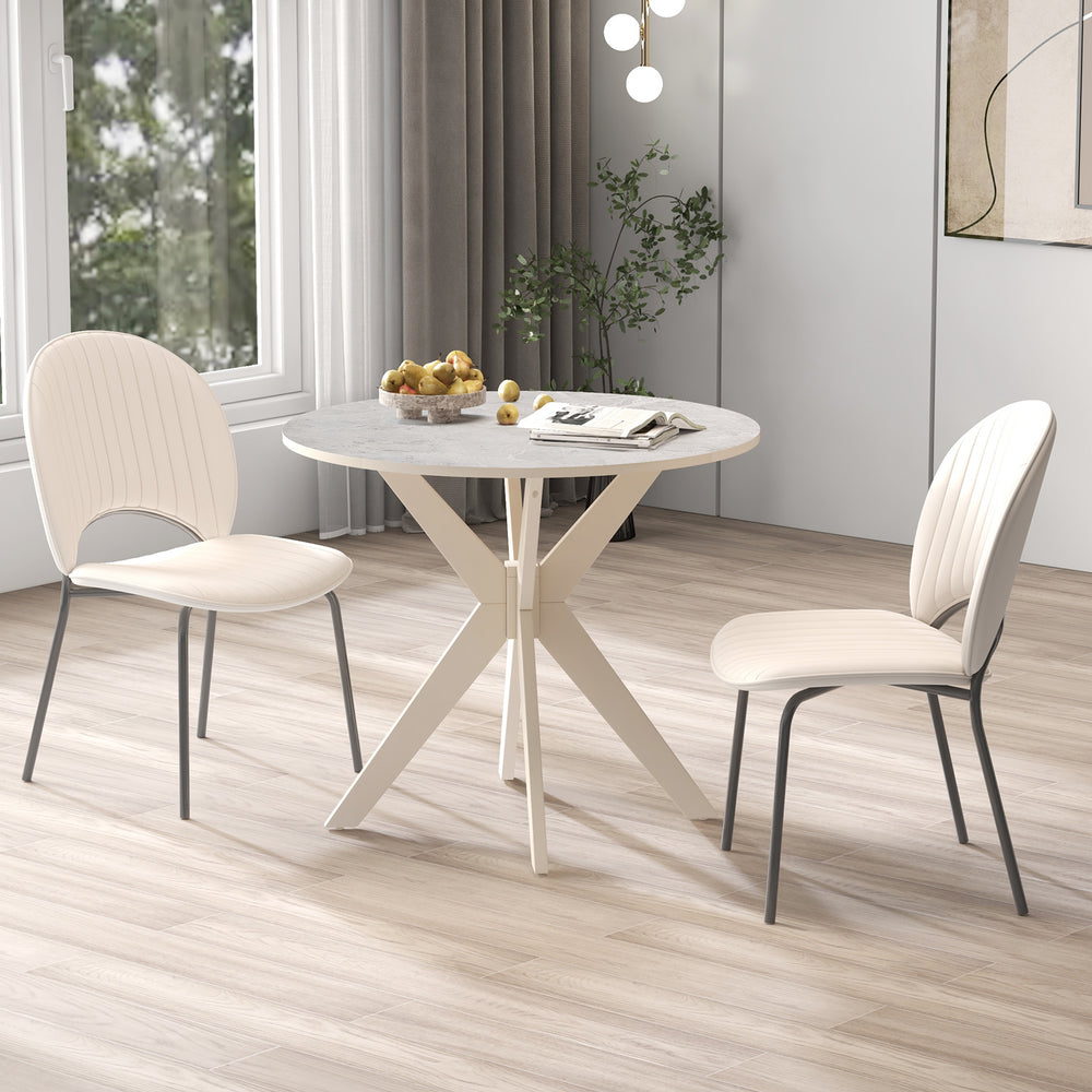 Mid-century modern kitchen table with faux marble top and solid rubber wood legs, perfect for dining or leisure.