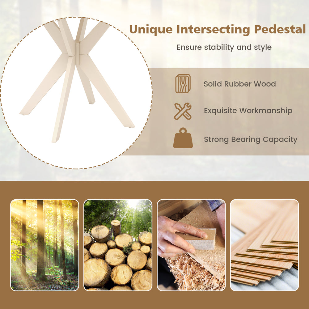 Intersecting solid rubber wood legs of the 36-inch kitchen table provide stability and stylish support for any space.