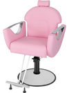 Pink 360° swivel reclining salon chair with adjustable height and detachable headrest for hair stylists and beauty.