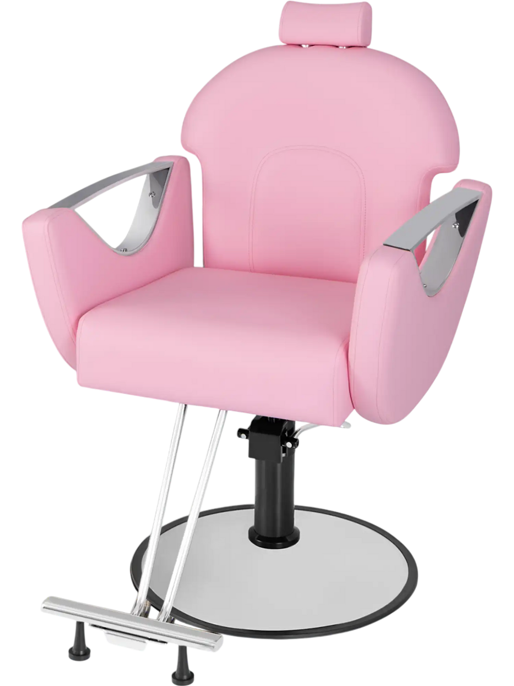 Pink 360° swivel reclining salon chair with adjustable height and detachable headrest for hair stylists and beauty.