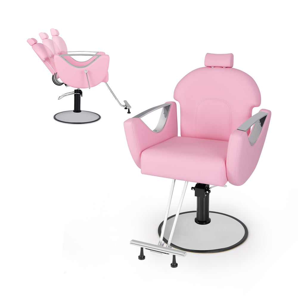 Pink 360° swivel reclining salon chair with adjustable height, sturdy metal frame, and detachable headrest for.