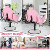 Pink 360° swivel reclining salon chair with adjustable height and backrest, ideal for haircuts and beauty services.