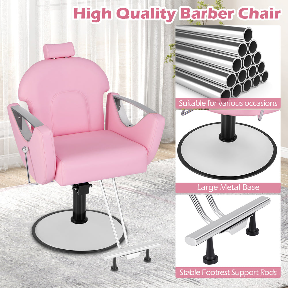 Pink 360° swivel reclining salon chair with PVC leather, adjustable height, and sturdy metal base for hair styling.