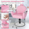 Pink 360° swivel reclining salon chair with PVC leather, high-density sponge, and adjustable height for hairstyling.