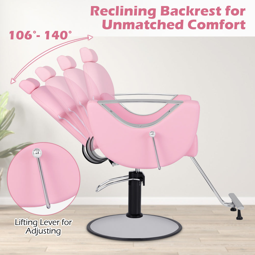Reclining pink salon chair with adjustable backrest from 106° to 140°, designed for hairstylists and client comfort.