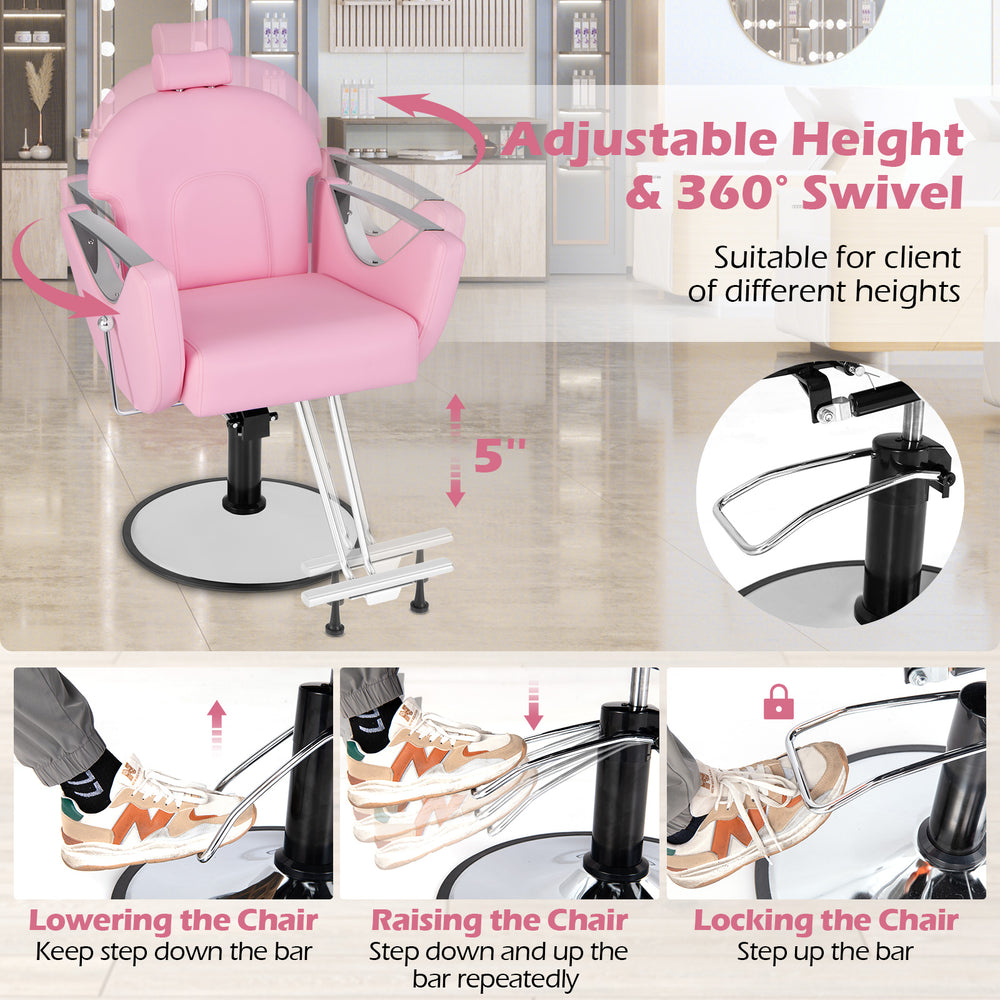Pink 360° swivel salon chair with adjustable height, reclining backrest, and sturdy metal base for hairstyling comfort.