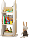 Kid's 360° rotating bookshelf in white with 5 shelves for organized toy storage, perfect for a child's room or play.