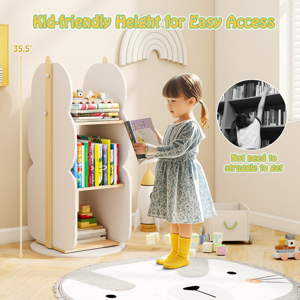 Kid-friendly 360° rotating bookshelf in white with 5 shelves, designed for easy access and organized toy storage.