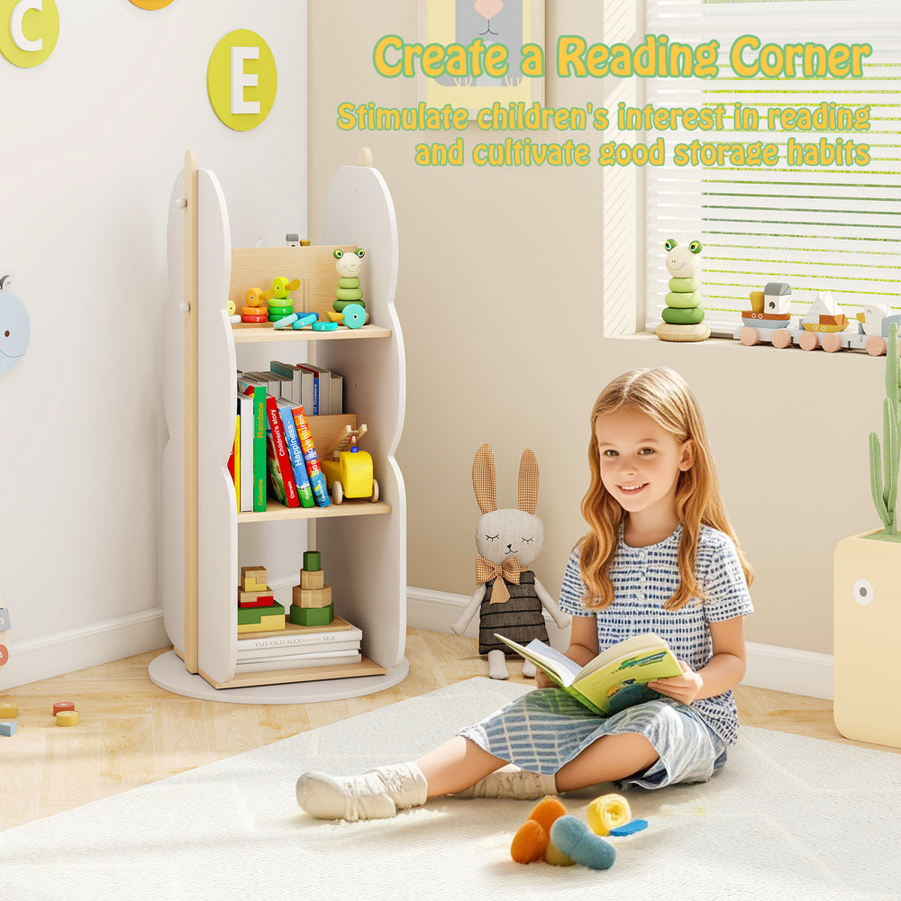 Kid's 360° rotating bookshelf organizer in white with 5 shelves, perfect for tidy storage in children's rooms.
