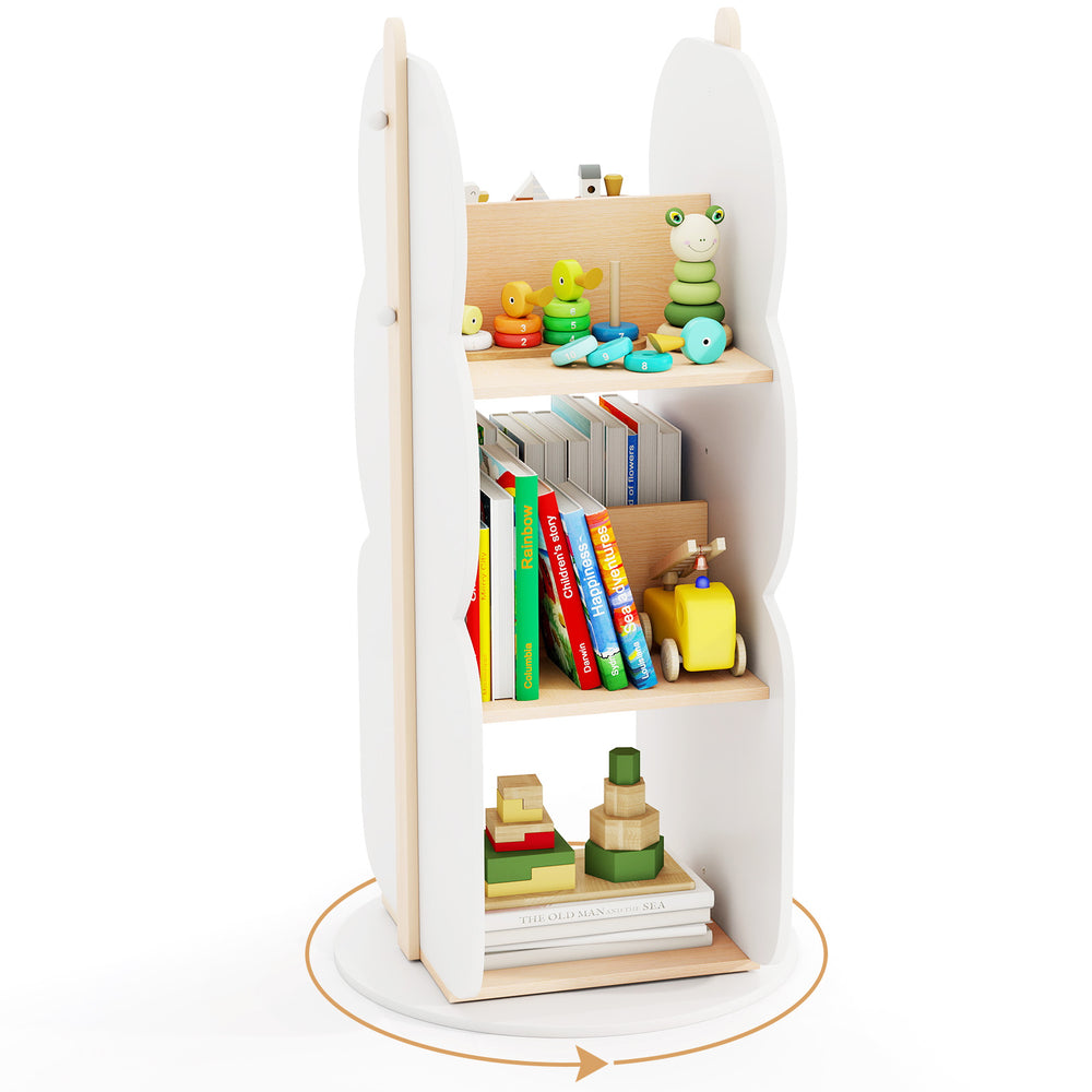 360° rotating kid's bookshelf in white with 5 shelves, perfect for toy storage in a child's room or living area.