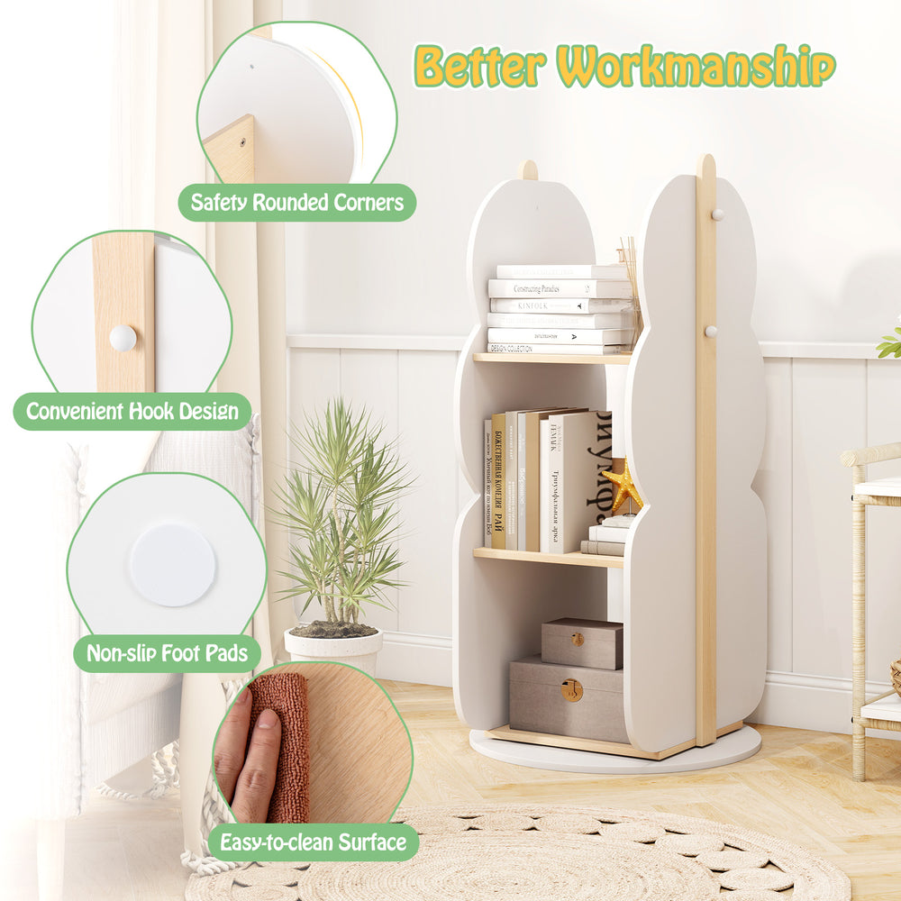 360° rotating kid's bookshelf in white with 5 shelves, rounded corners, and easy-to-clean surface for organized toy.