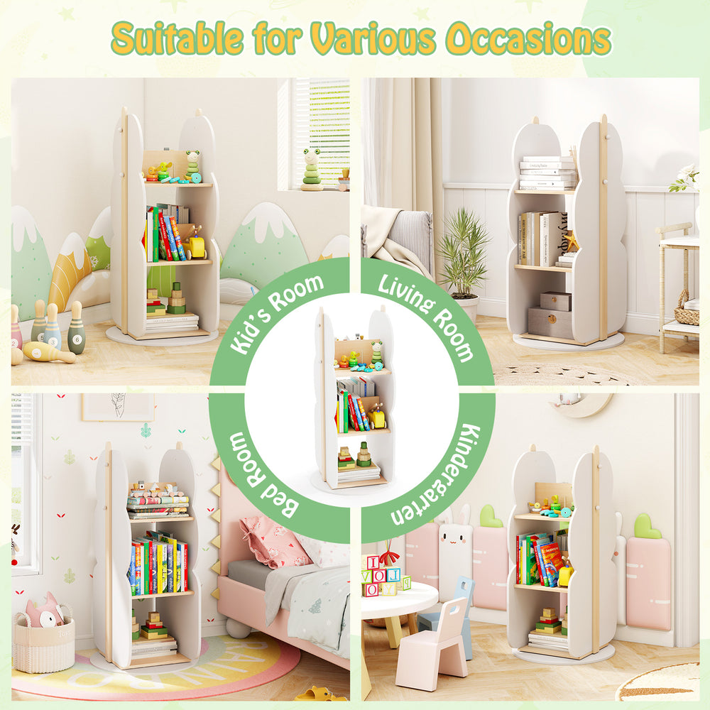 360° rotating kid's bookshelf organizer in white with 5 shelves, ideal for tidy storage in children's rooms or living.
