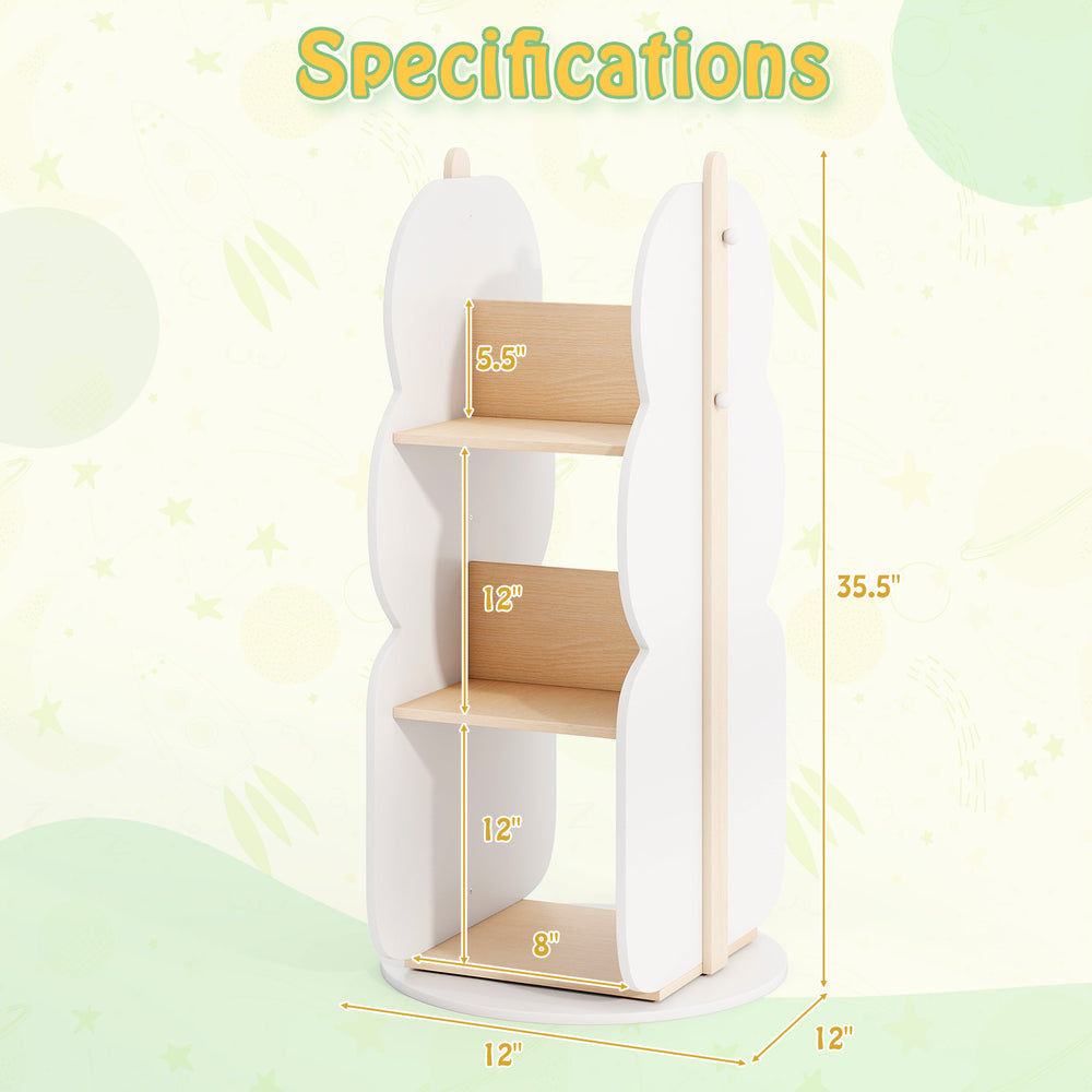 360° rotating kid's bookshelf organizer in white with 5 shelves, designed for easy access and tidy storage.