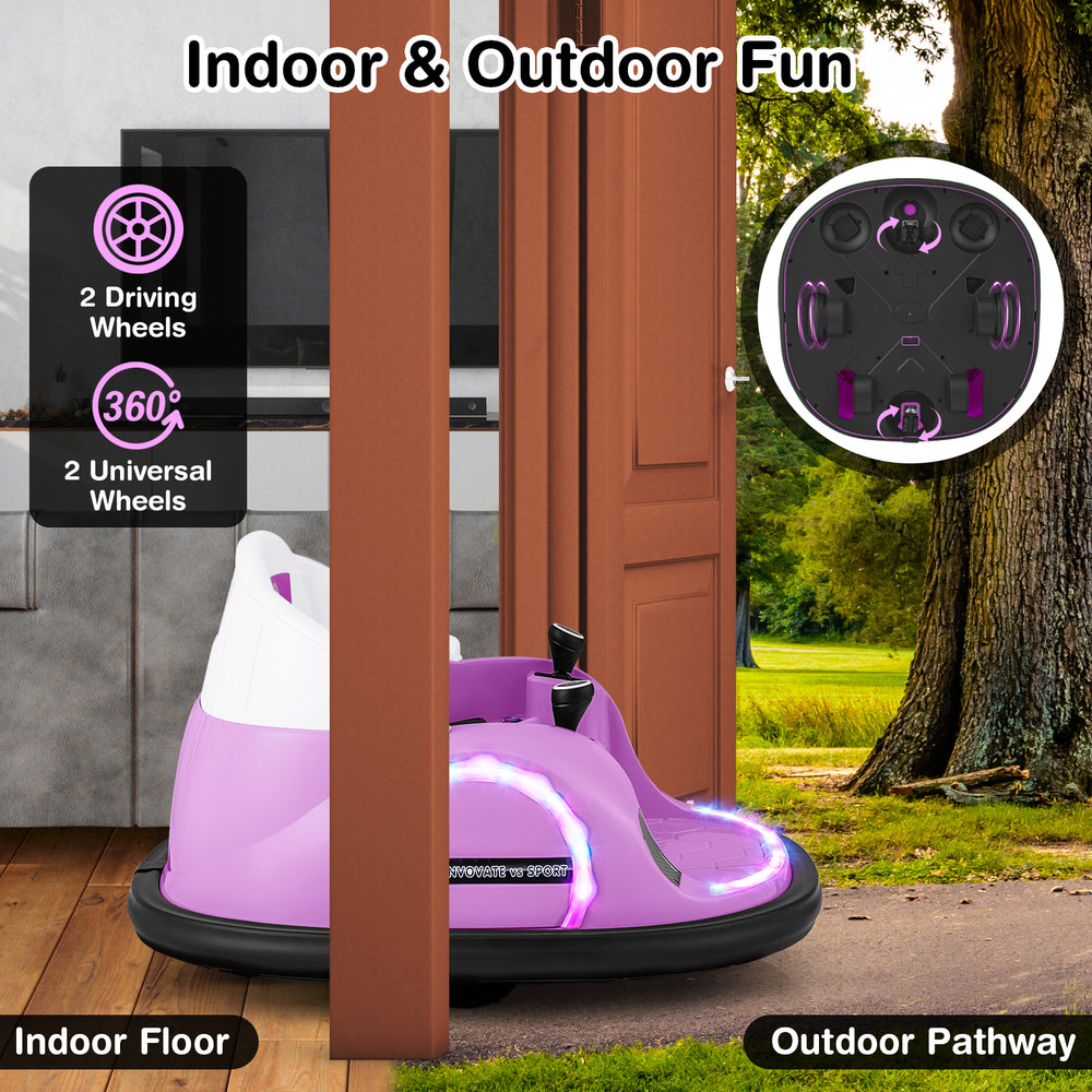 Pink 12V 360° ride-on bumper car for toddlers with remote control, featuring flexible wheels for indoor and outdoor fun.
