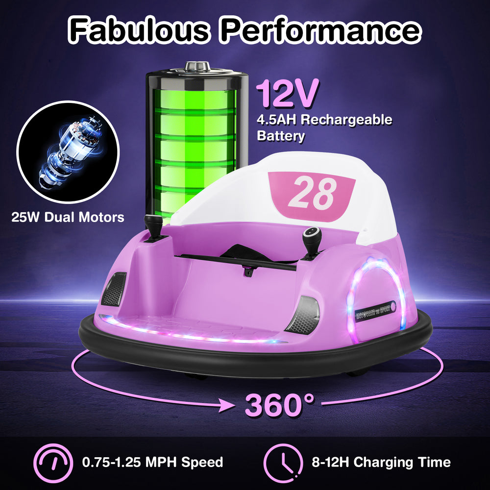 Pink 12V 360° ride-on bumper car for toddlers with remote control, featuring colorful lights and safety belt for secure.