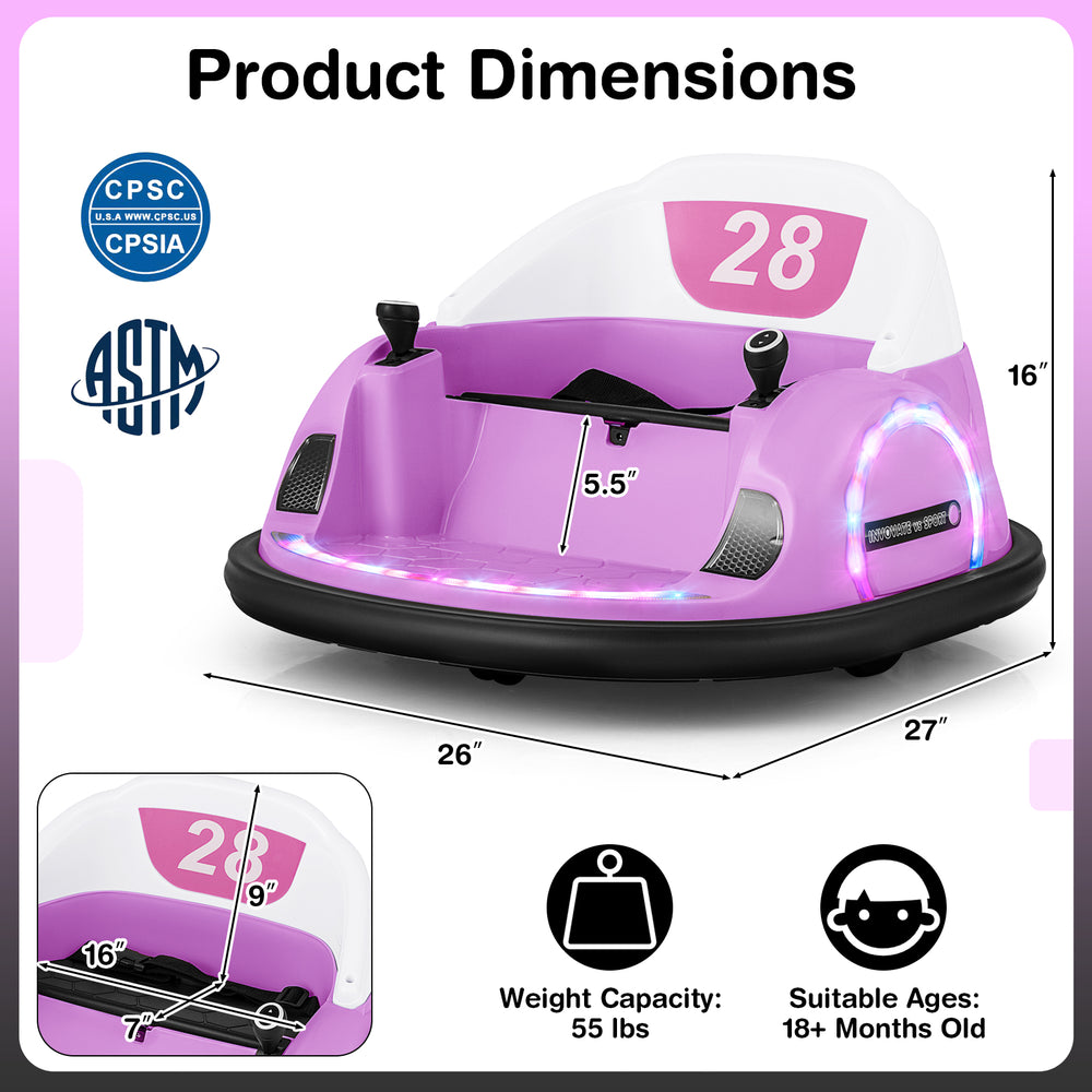 Product dimensions of the pink 12V bumper car for toddlers, featuring a spacious design and safety features for kids.