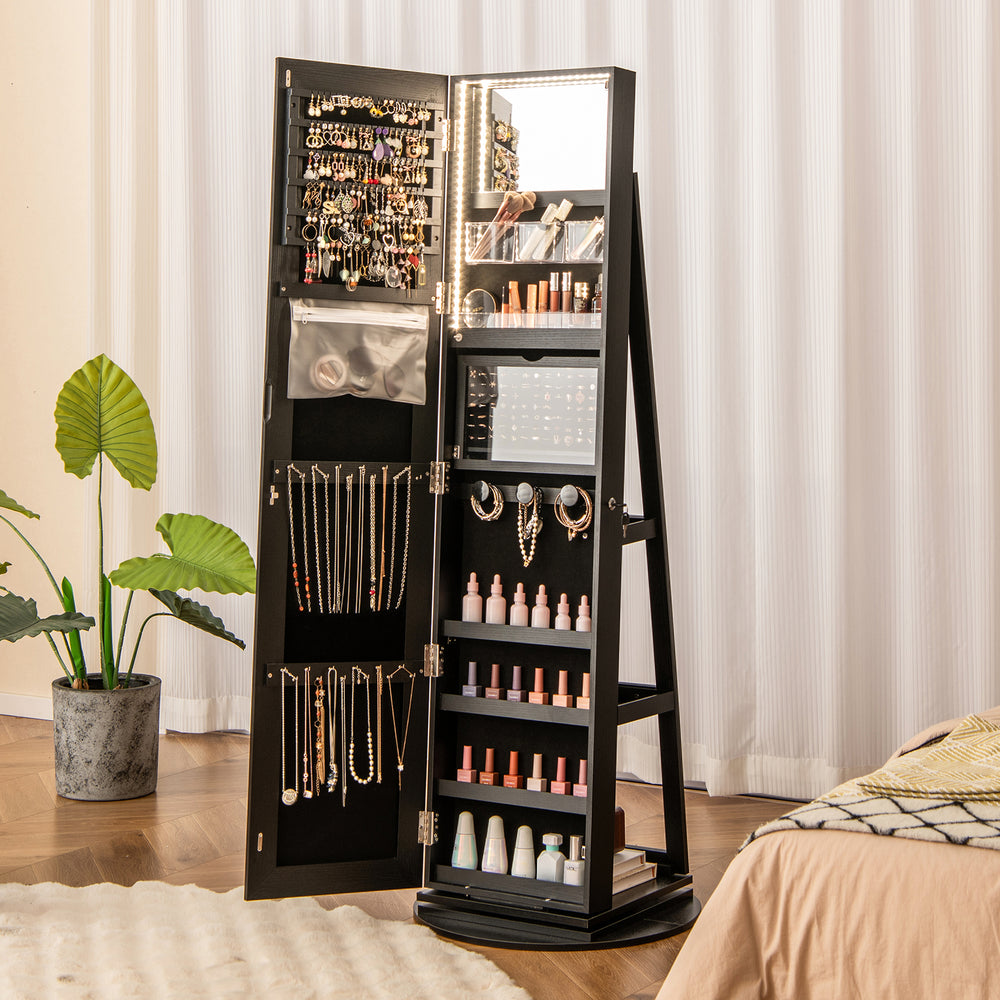 360° Rotating Mirrored Jewelry Cabinet Armoire 3 Color LED Modes Lockable-Black - Gallery View 1 of 10