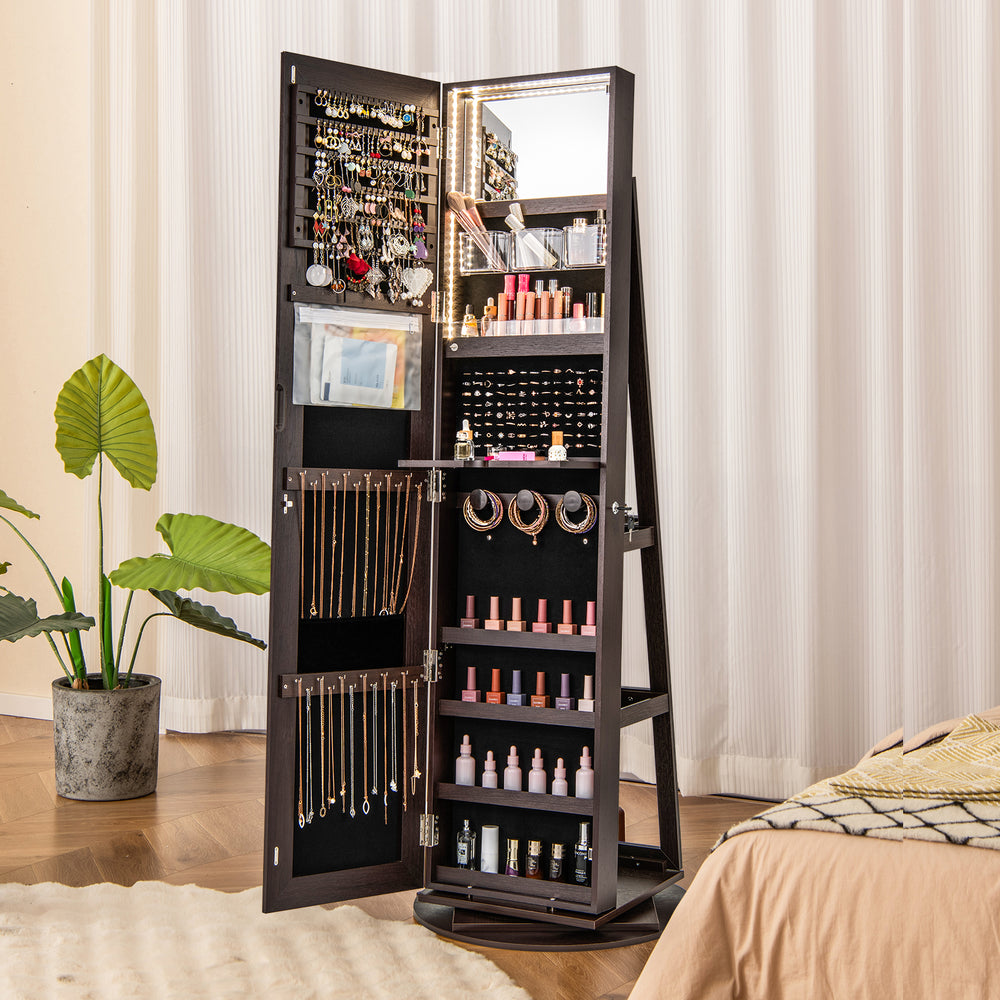 360° Rotating Mirrored Jewelry Cabinet Armoire 3 Color LED Modes Lockable-Espresso - Gallery View 1 of 10