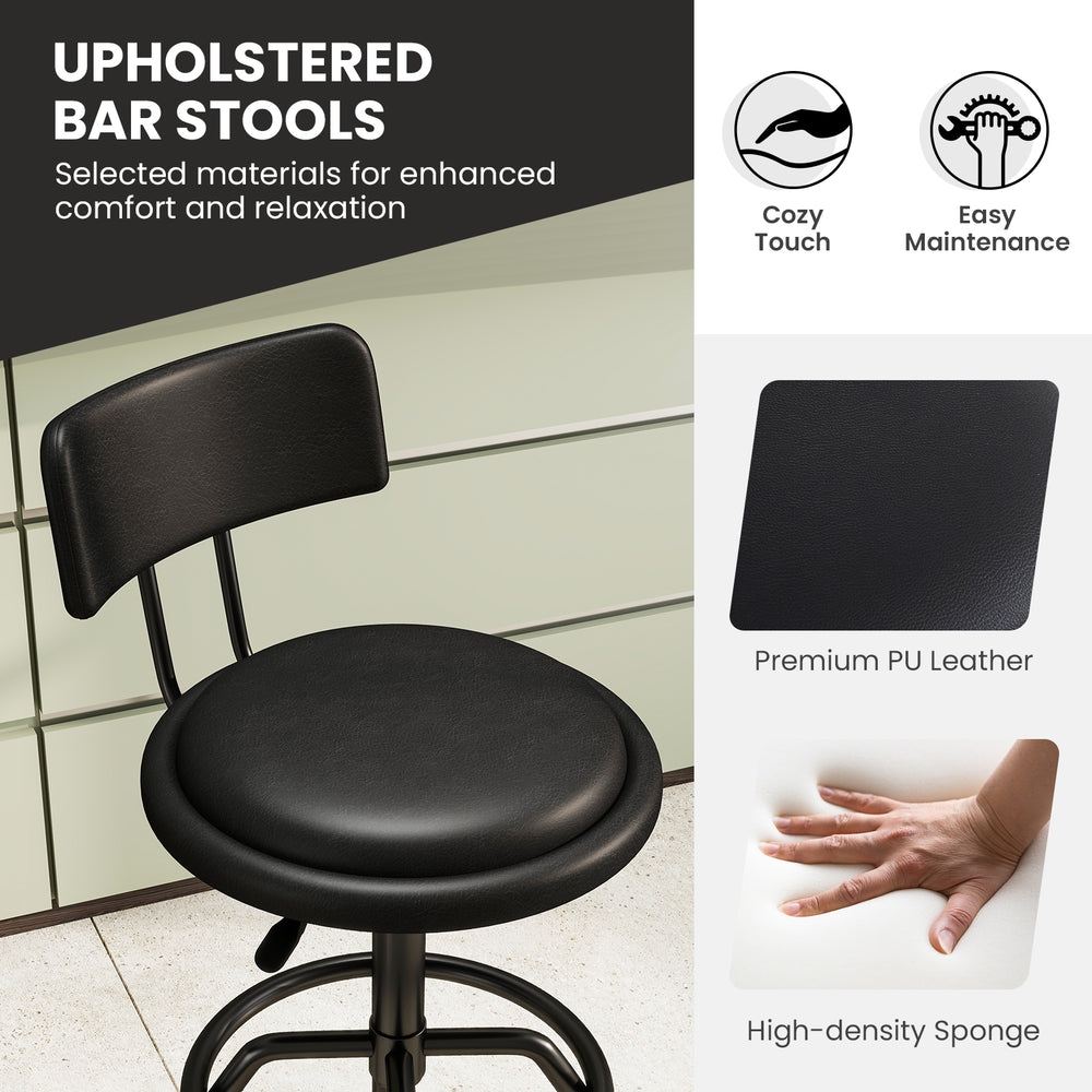 360° swivel barstool with padded seat and back, made of premium PU leather for comfort and easy maintenance.
