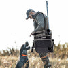 360° swivel portable hunting chair in black, featuring adjustable legs and armrests, ideal for outdoor activities.