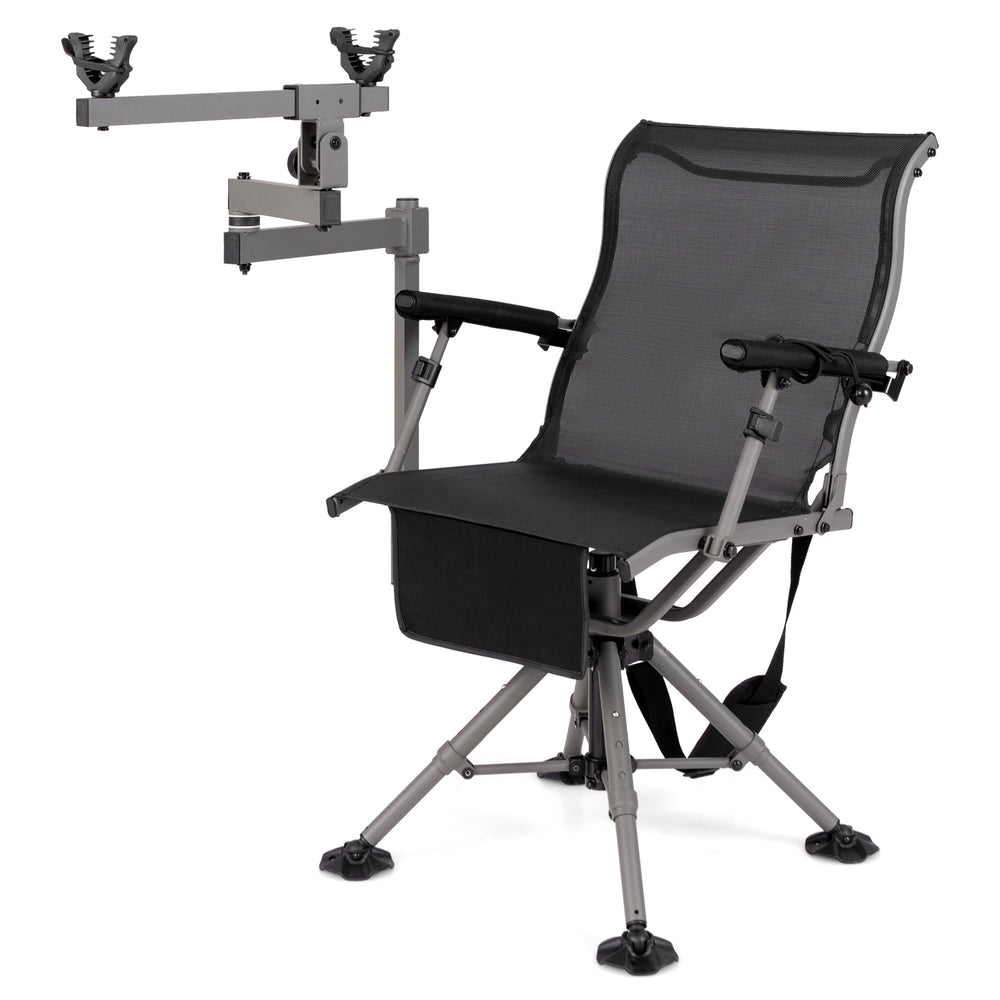 360° swivel portable hunting chair in black with adjustable legs and armrests for comfortable outdoor use.
