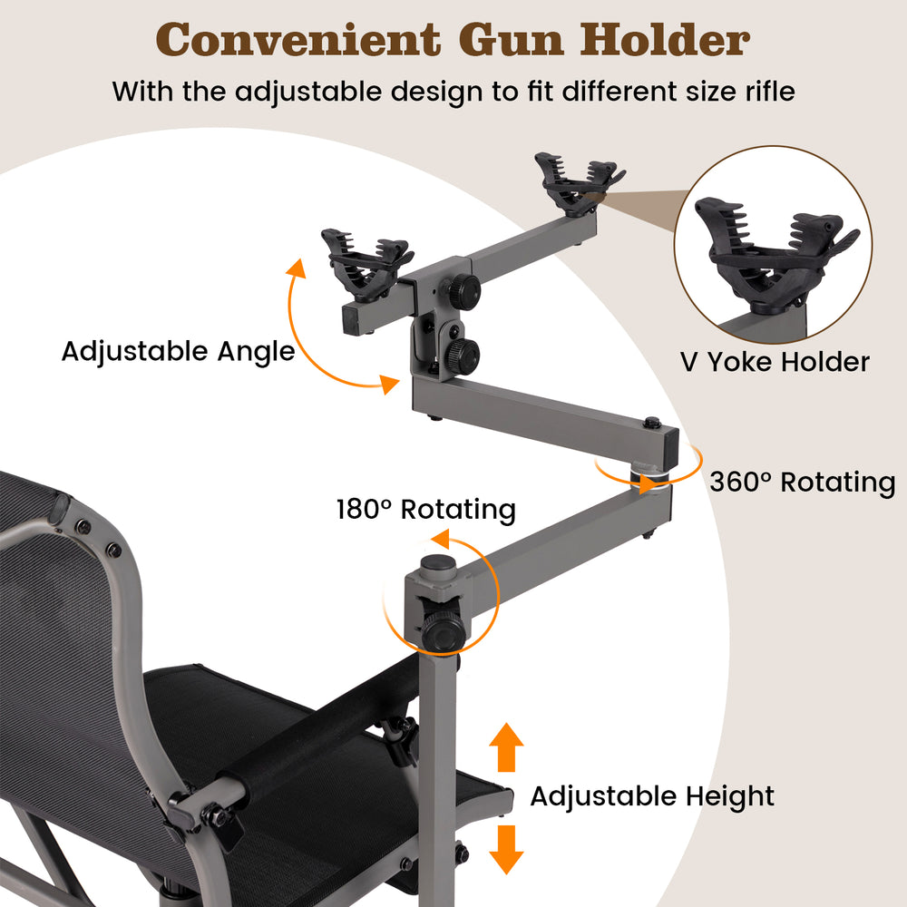Adjustable gun holder with 360° rotation and height settings for the 360° swivel portable hunting chair.